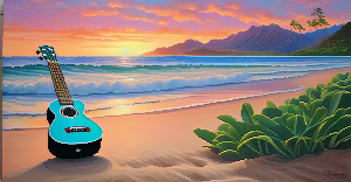 A tranquil Hawaiian beach scene at sunset with mountains, colorful skies, and a ukulele on the sand.