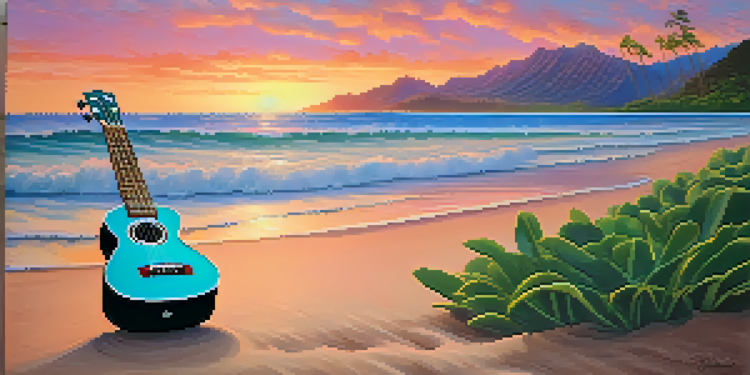 A tranquil Hawaiian beach scene at sunset with mountains, colorful skies, and a ukulele on the sand.