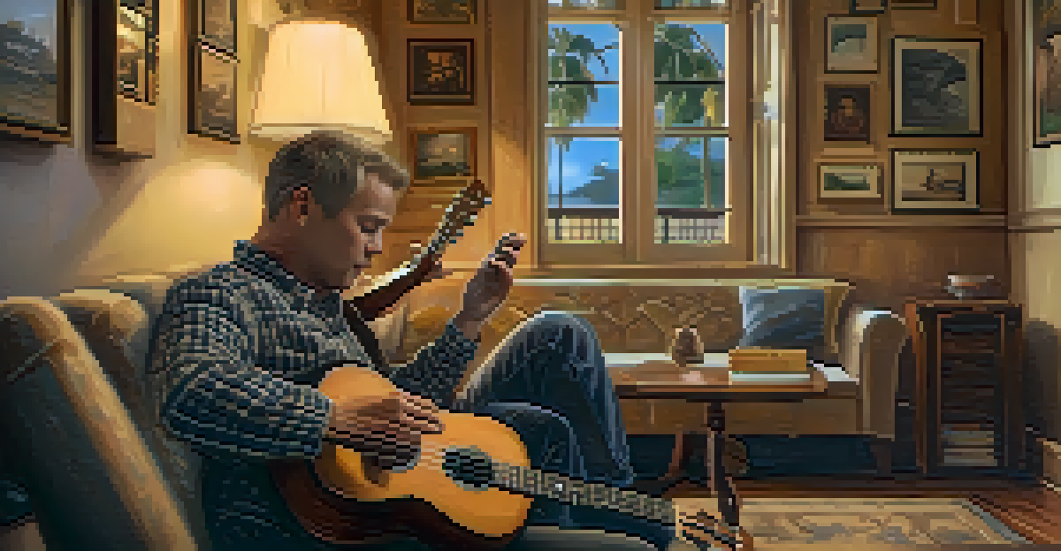 Close-up of hands strumming a ukulele, with a blurred cozy room background filled with warm lighting.