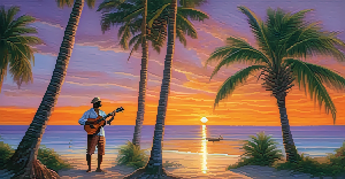 A beach at sunset with a musician playing a ukulele and another playing a violin, surrounded by palm trees and ocean waves.