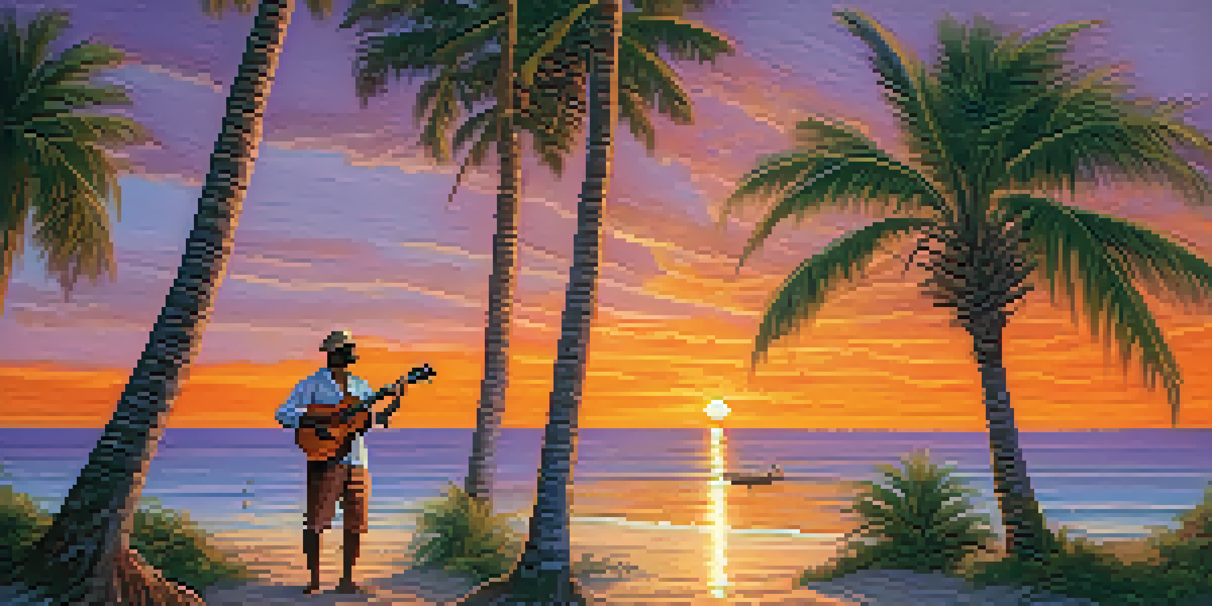 A beach at sunset with a musician playing a ukulele and another playing a violin, surrounded by palm trees and ocean waves.