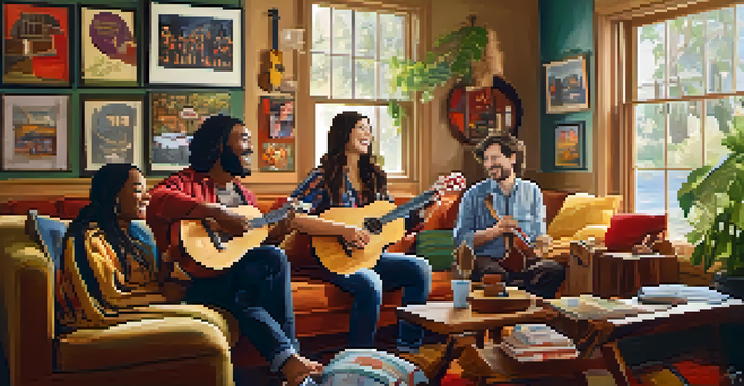 A group of friends playing ukuleles in a warm, cozy living room filled with natural light.