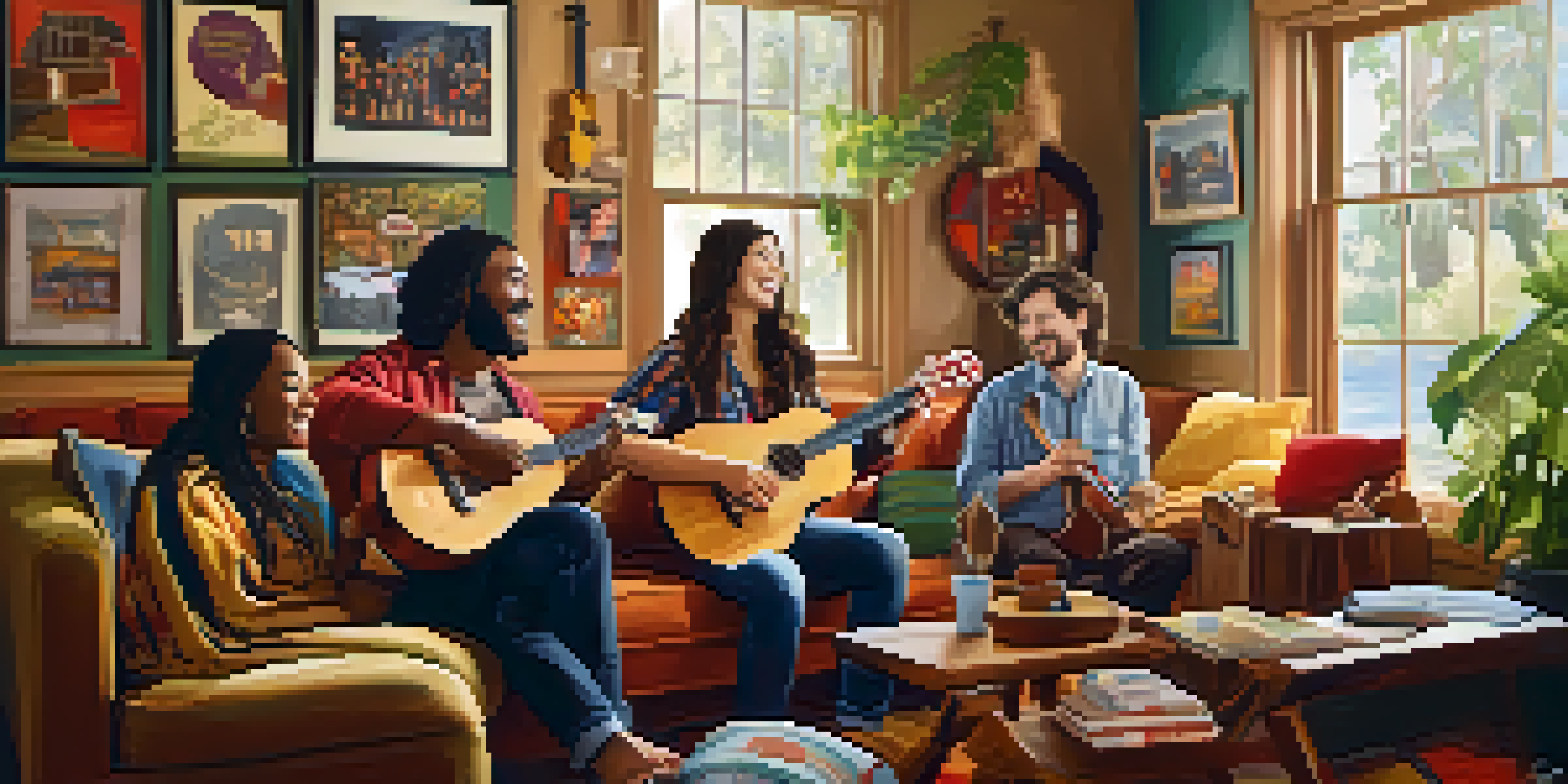 A group of friends playing ukuleles in a warm, cozy living room filled with natural light.