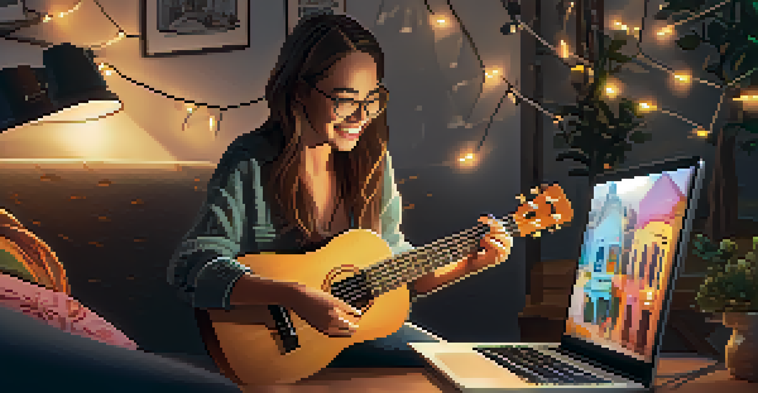 A ukulele influencer live streaming in a cozy room filled with music posters and lights, interacting with an online audience.