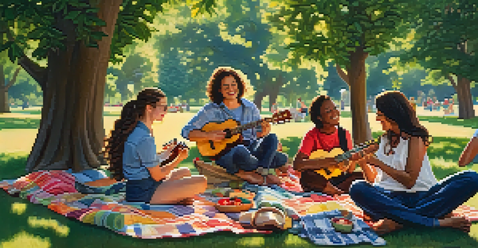 A lively outdoor gathering where diverse individuals play ukuleles on a sunny day, surrounded by greenery and colorful picnic blankets.