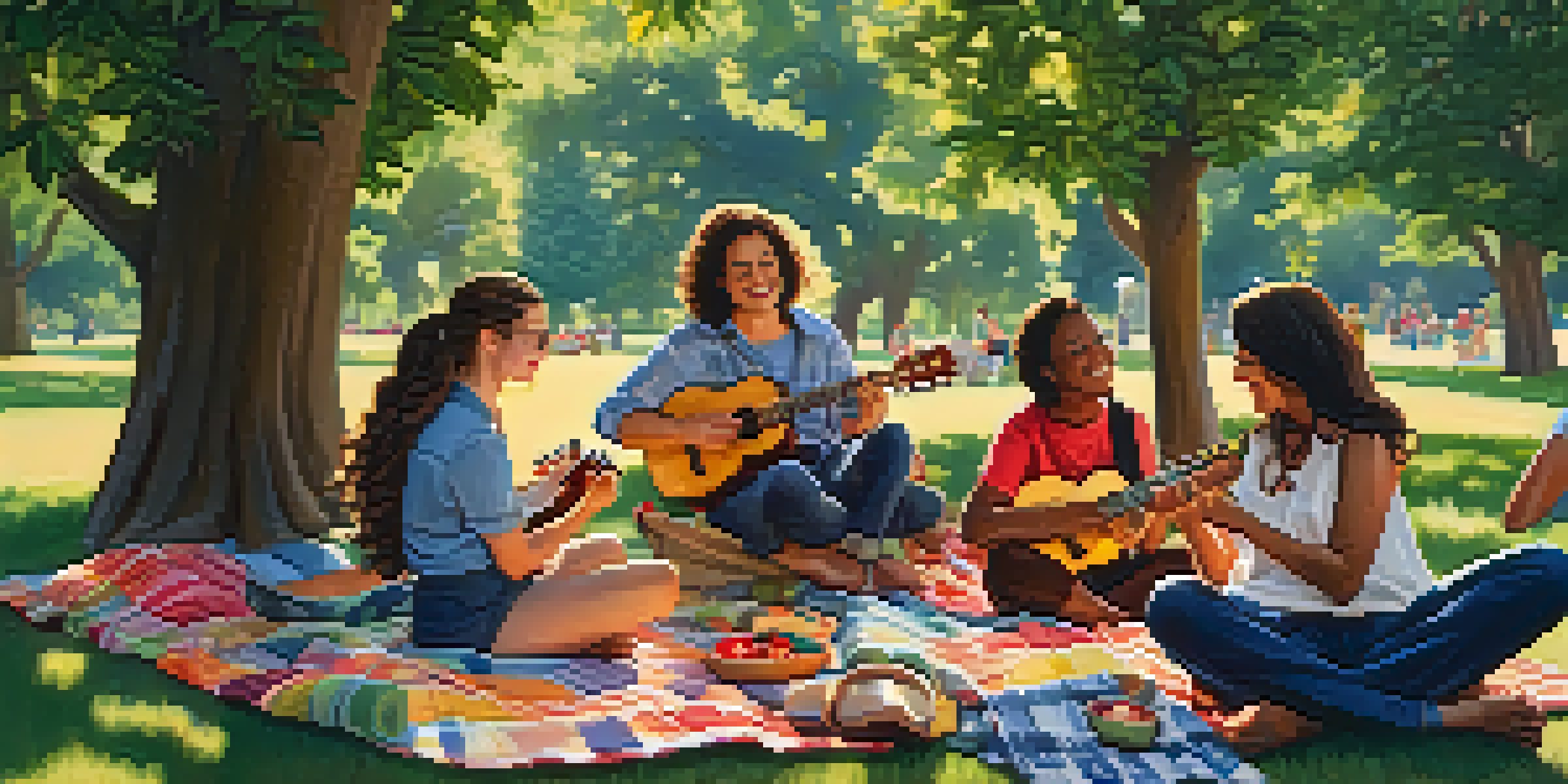 A lively outdoor gathering where diverse individuals play ukuleles on a sunny day, surrounded by greenery and colorful picnic blankets.