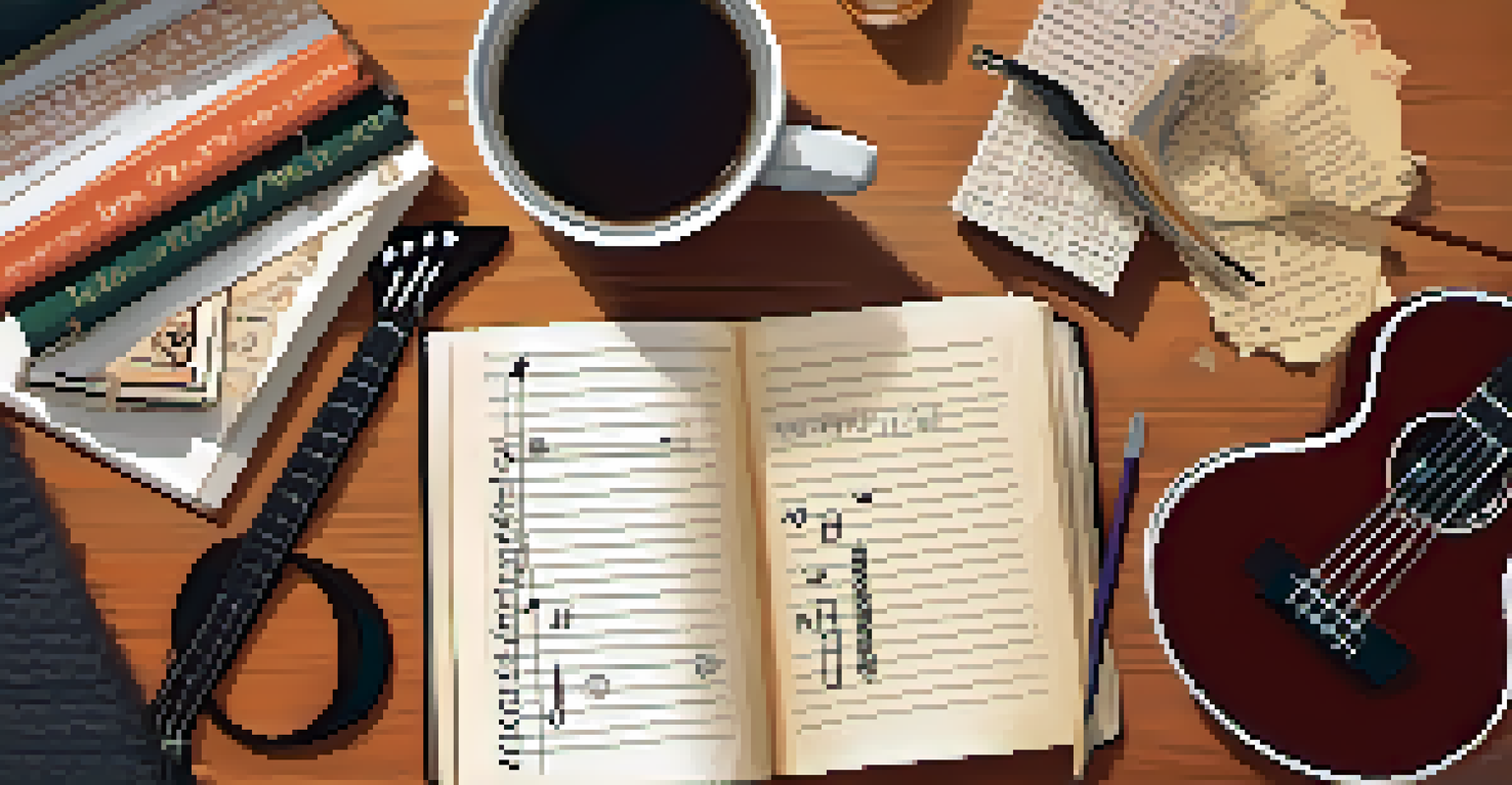 An overhead view of a practice journal with strumming patterns, a ukulele, and a cup of coffee in a cozy setting.