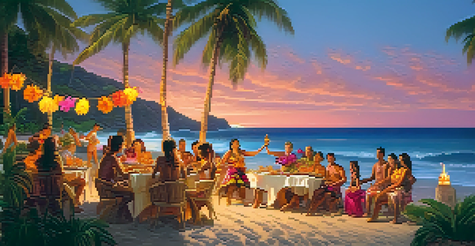 A colorful Hawaiian luau with people playing ukuleles on the beach during sunset, surrounded by palm trees and tropical flowers.
