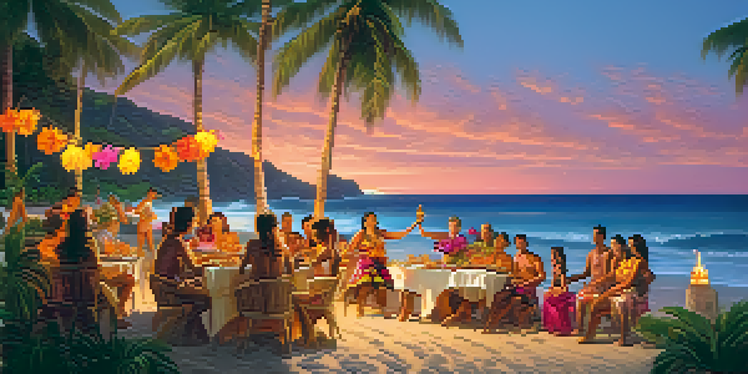 A colorful Hawaiian luau with people playing ukuleles on the beach during sunset, surrounded by palm trees and tropical flowers.