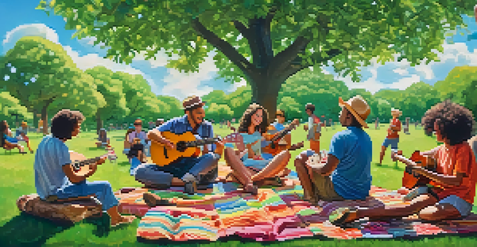 A diverse group of people playing ukuleles in a sunny park, surrounded by greenery and colorful picnic blankets.