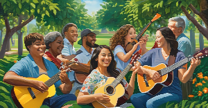 A diverse group of people playing ukuleles in a sunny park, surrounded by flowers and trees, showcasing a sense of community and joy.