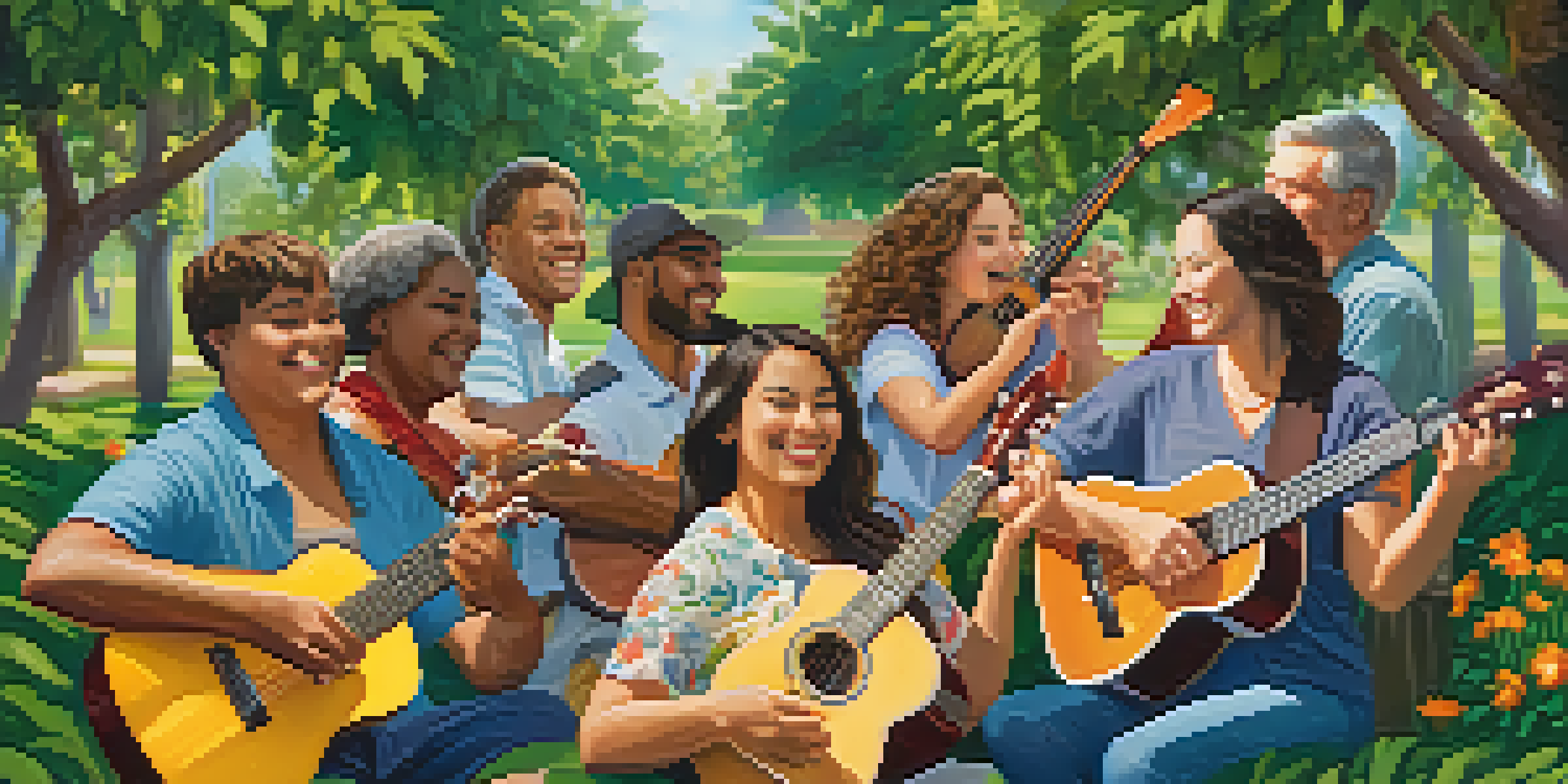 A diverse group of people playing ukuleles in a sunny park, surrounded by flowers and trees, showcasing a sense of community and joy.