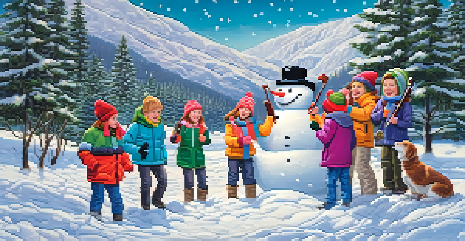 A fun outdoor scene of friends playing ukuleles and singing around a snowman, set against a snowy landscape with falling snowflakes.