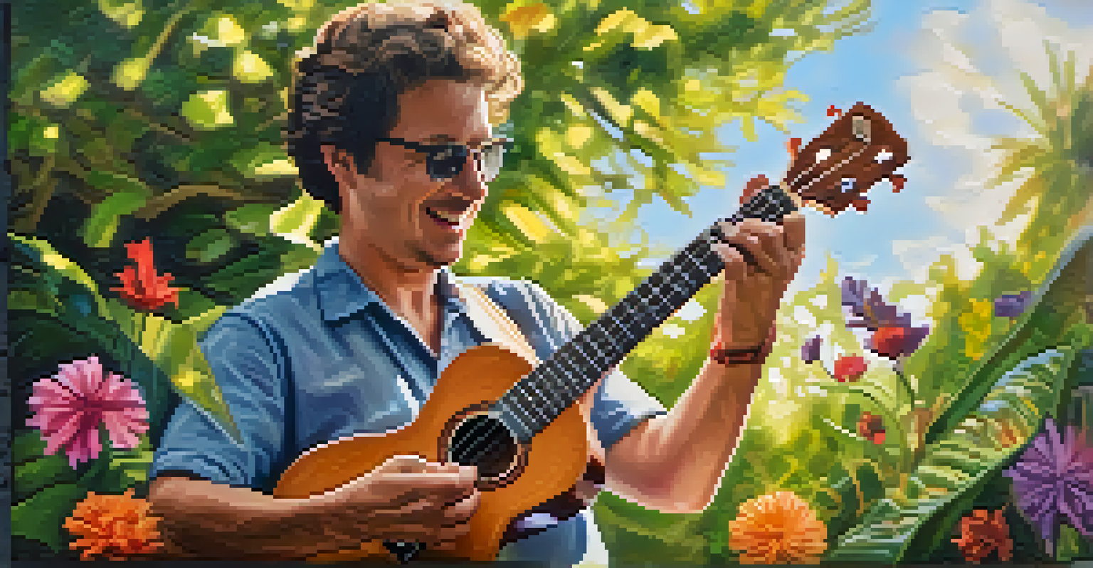 A hand strumming a ukulele against a blurred background of greenery and flowers in sunlight.