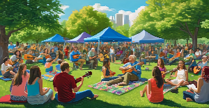 A group of people of various ages enjoying a ukulele jam session in a sunny park, surrounded by greenery and colorful decorations.