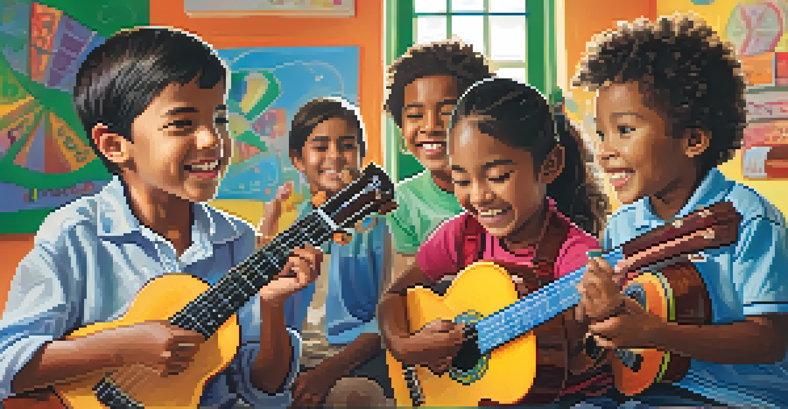 A bright classroom filled with children playing ukuleles, with posters and sunlight creating a joyful environment.