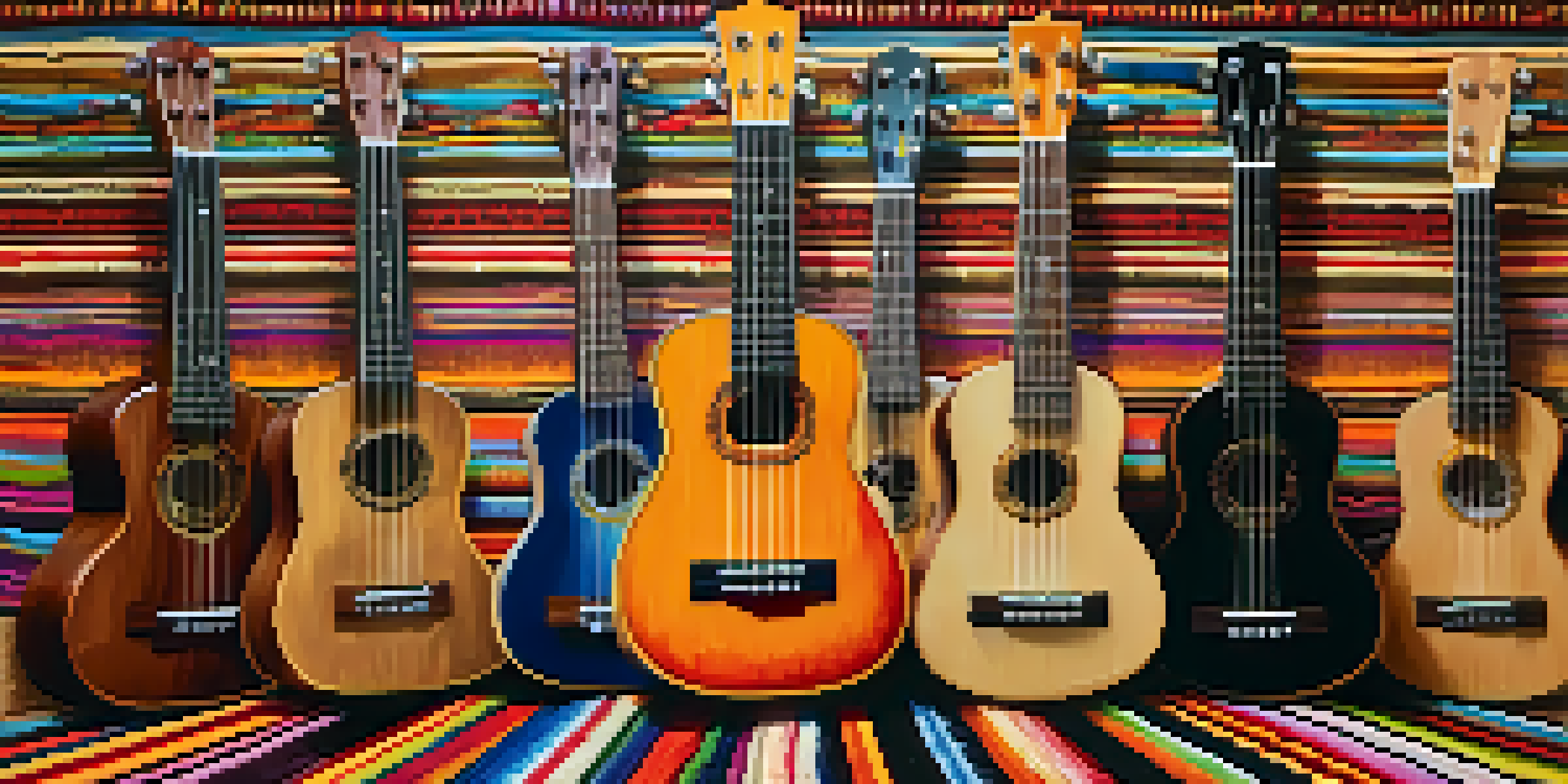 A display of different ukulele sizes on a colorful mat, featuring soprano, concert, tenor, and baritone ukuleles with various wood types and designs under soft lighting.