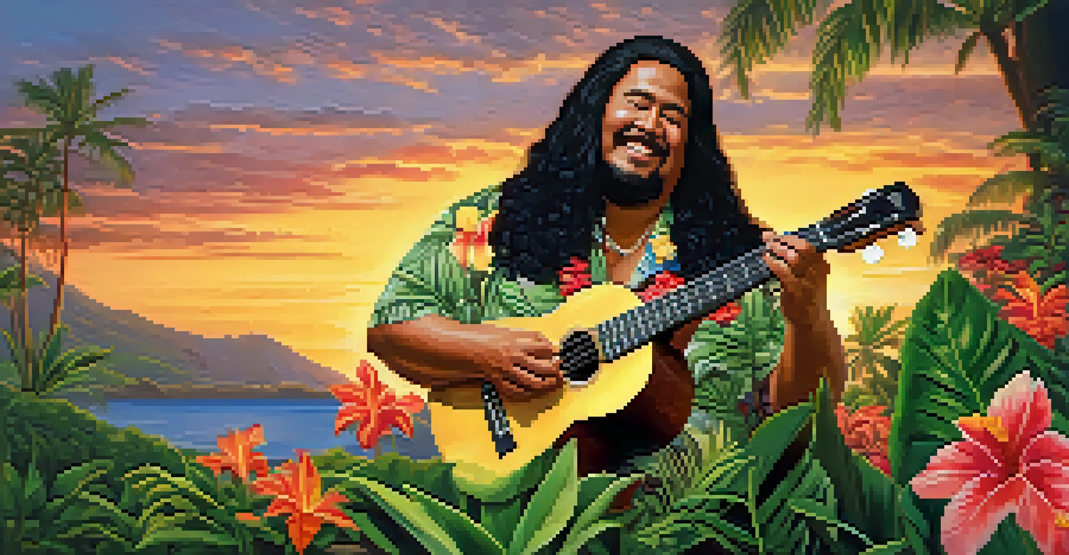 A Hawaiian musician with long hair playing ukulele surrounded by tropical flowers and a sunset background.