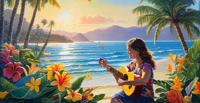A joyful character playing a ukulele on a sunny beach with palm trees and colorful flowers, with animals listening nearby.