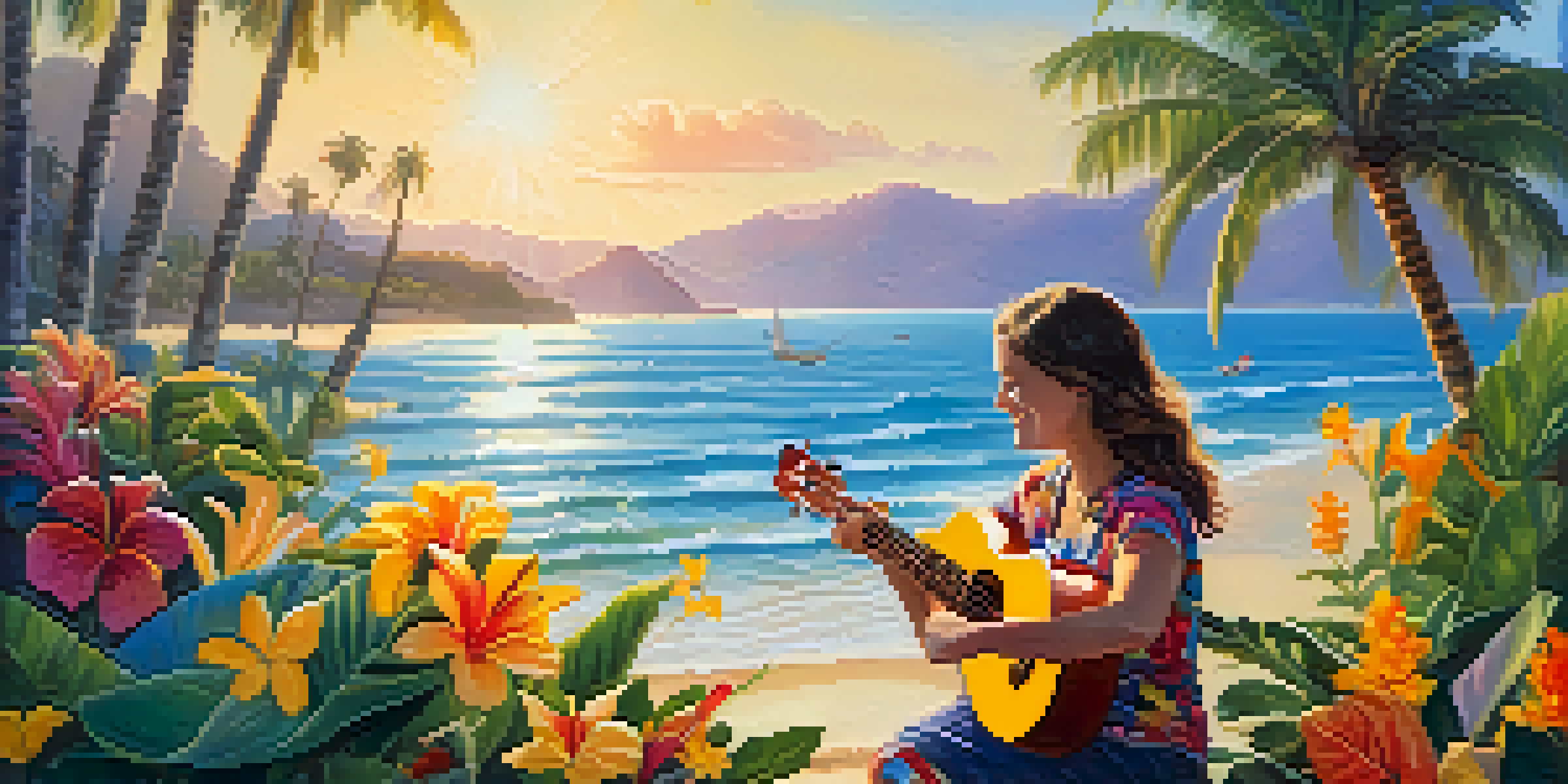 A joyful character playing a ukulele on a sunny beach with palm trees and colorful flowers, with animals listening nearby.