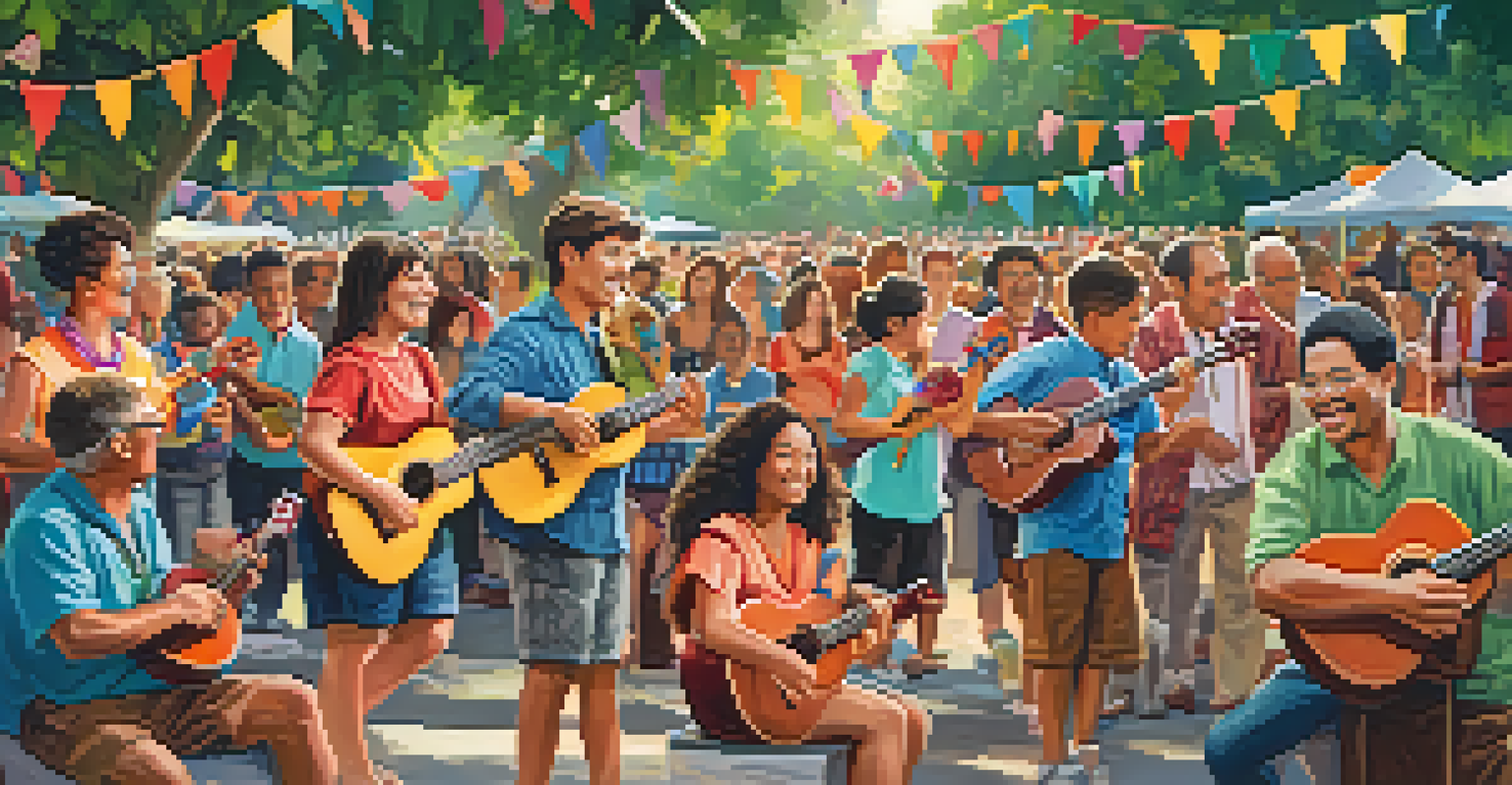 A ukulele festival in a park with musicians on stage and an audience enjoying the music.