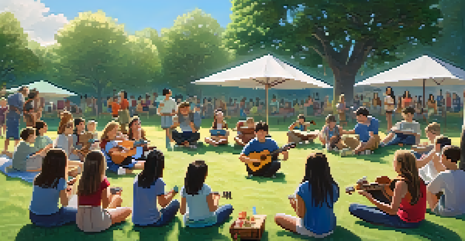 Students sitting in a circle on the grass outdoors, each with a ukulele, joyfully singing and sharing rhymes in a sunny setting.