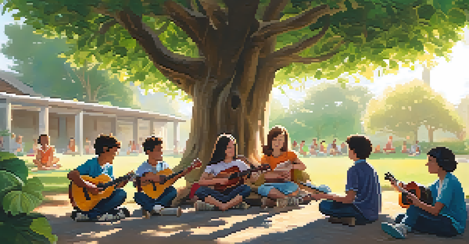 Middle school students sitting in a circle under a tree, playing ukuleles together, surrounded by greenery and flowers.