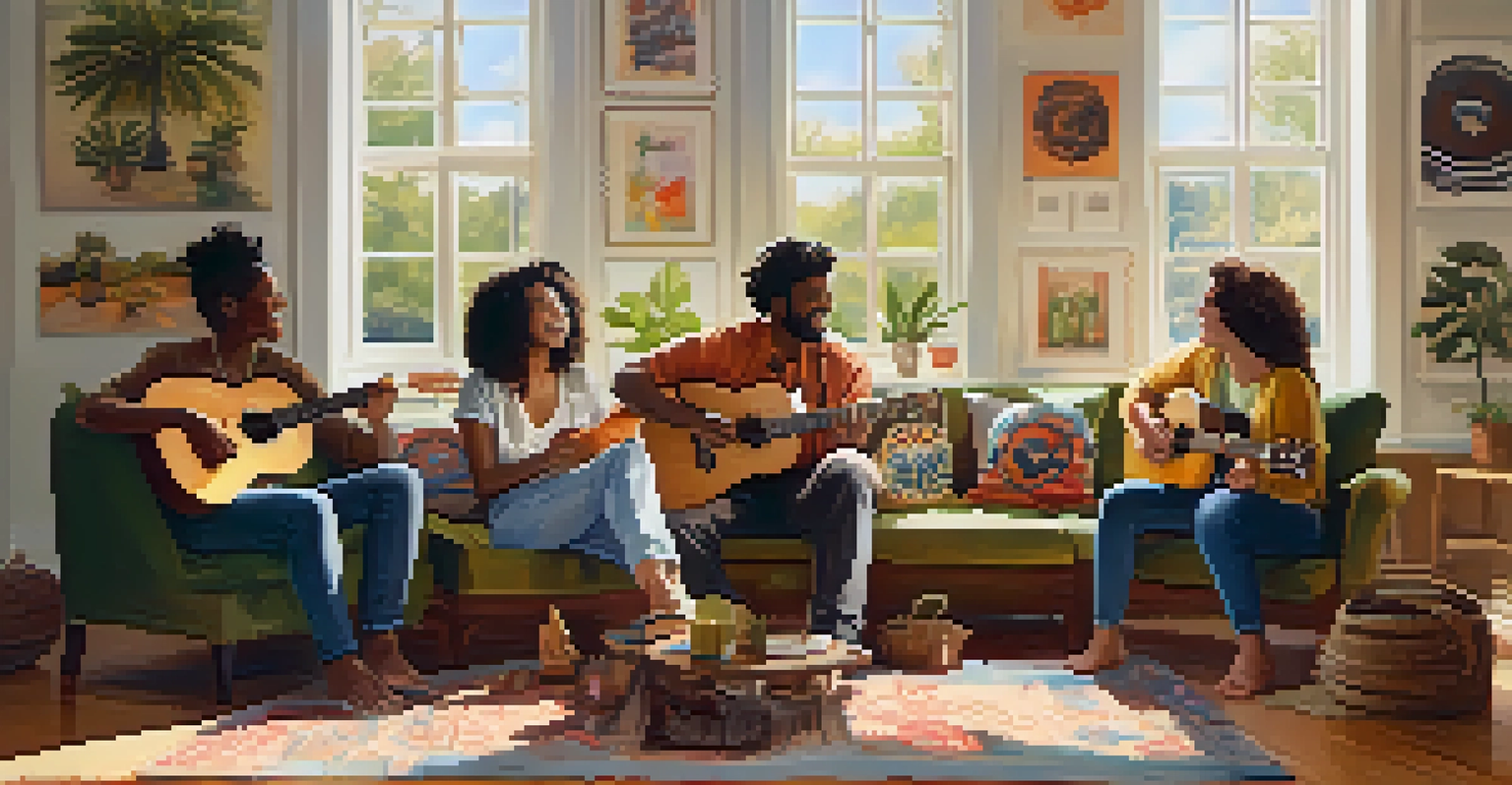 A diverse group of people practicing ukulele strumming patterns together in a bright room.
