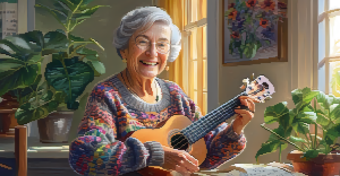 An elderly woman happily playing a ukulele in a bright and cheerful room filled with plants.