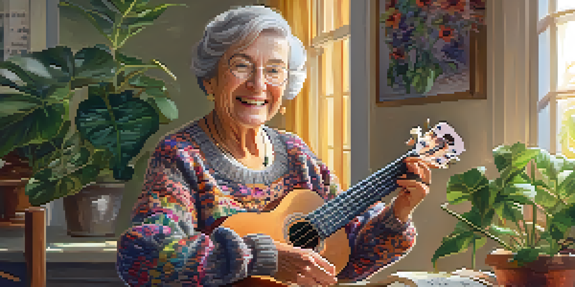 An elderly woman happily playing a ukulele in a bright and cheerful room filled with plants.