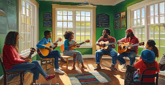 A diverse group of people playing ukuleles together in a sunny community center, with smiles and a warm atmosphere.
