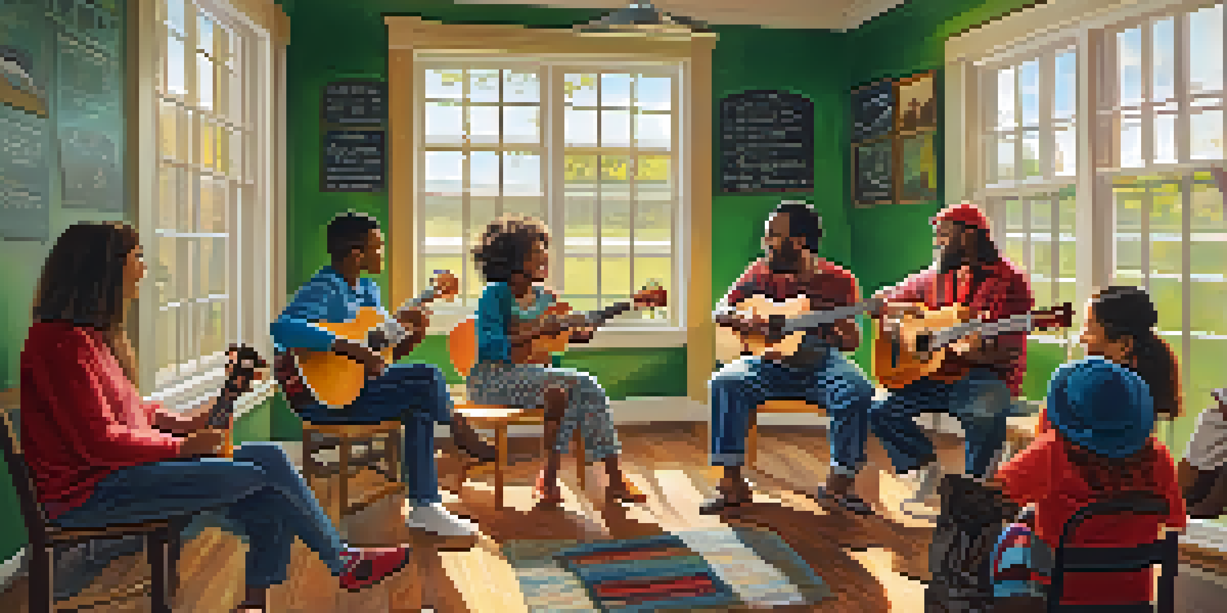 A diverse group of people playing ukuleles together in a sunny community center, with smiles and a warm atmosphere.