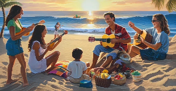A group of friends enjoying a beach gathering with a ukulele player at sunset, creating a joyful atmosphere.