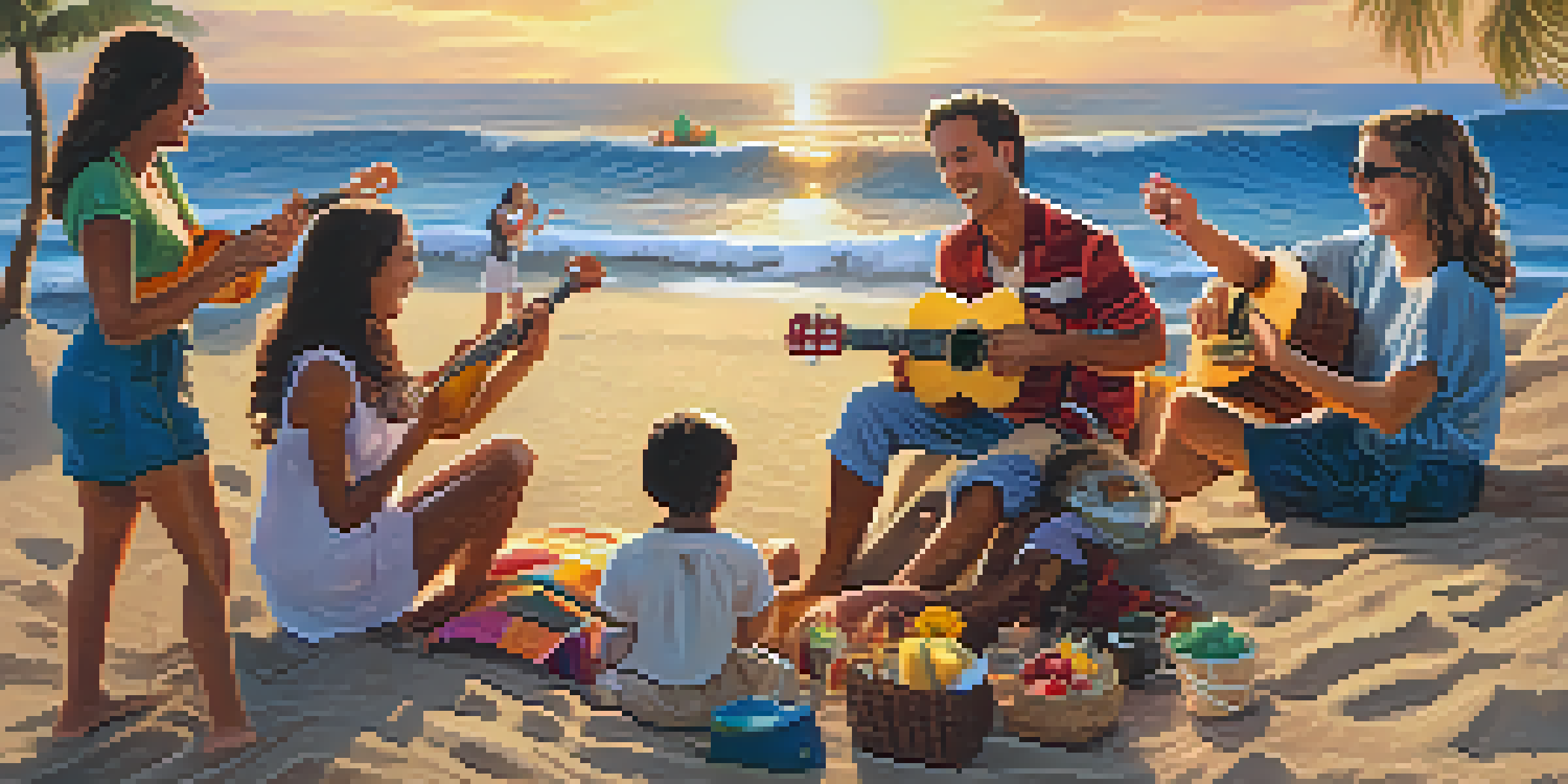 A group of friends enjoying a beach gathering with a ukulele player at sunset, creating a joyful atmosphere.