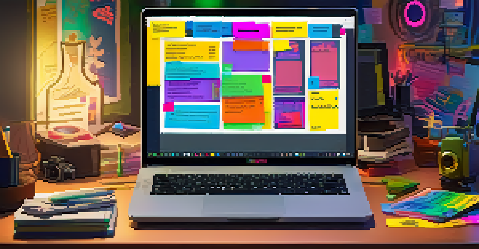 A creative workspace with a laptop showing animated characters, sticky notes, and a ukulele, all illuminated by soft lighting.