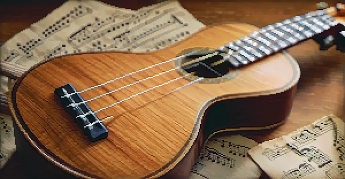 A close-up of a ukulele on a wooden table, with sheet music for minor scales around it, highlighted by warm lighting.
