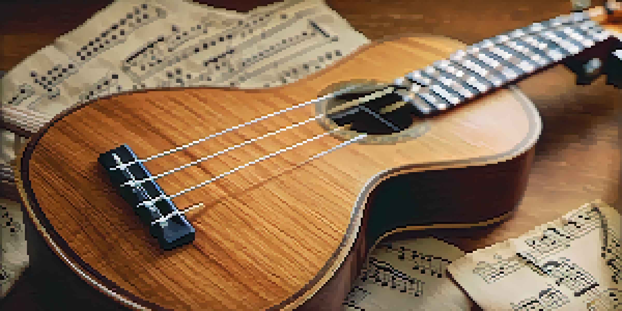 A close-up of a ukulele on a wooden table, with sheet music for minor scales around it, highlighted by warm lighting.