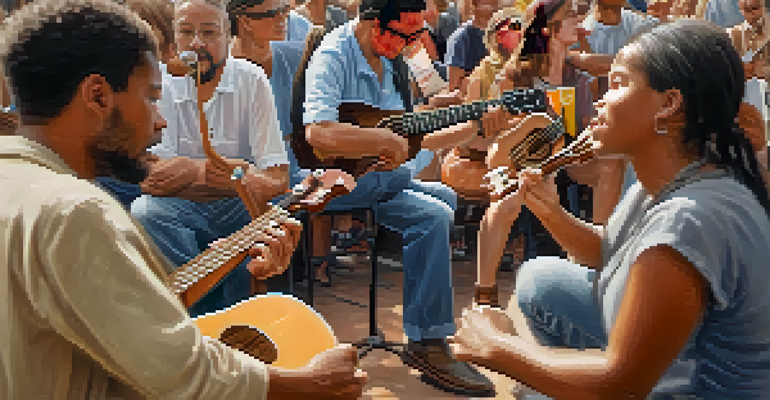 Close-up of hands strumming a ukulele with a peaceful protest in the background, highlighting unity.