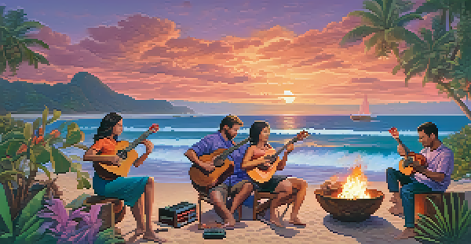 A lively beach gathering with musicians playing ukuleles around a bonfire at sunset, with colorful skies and tropical plants.