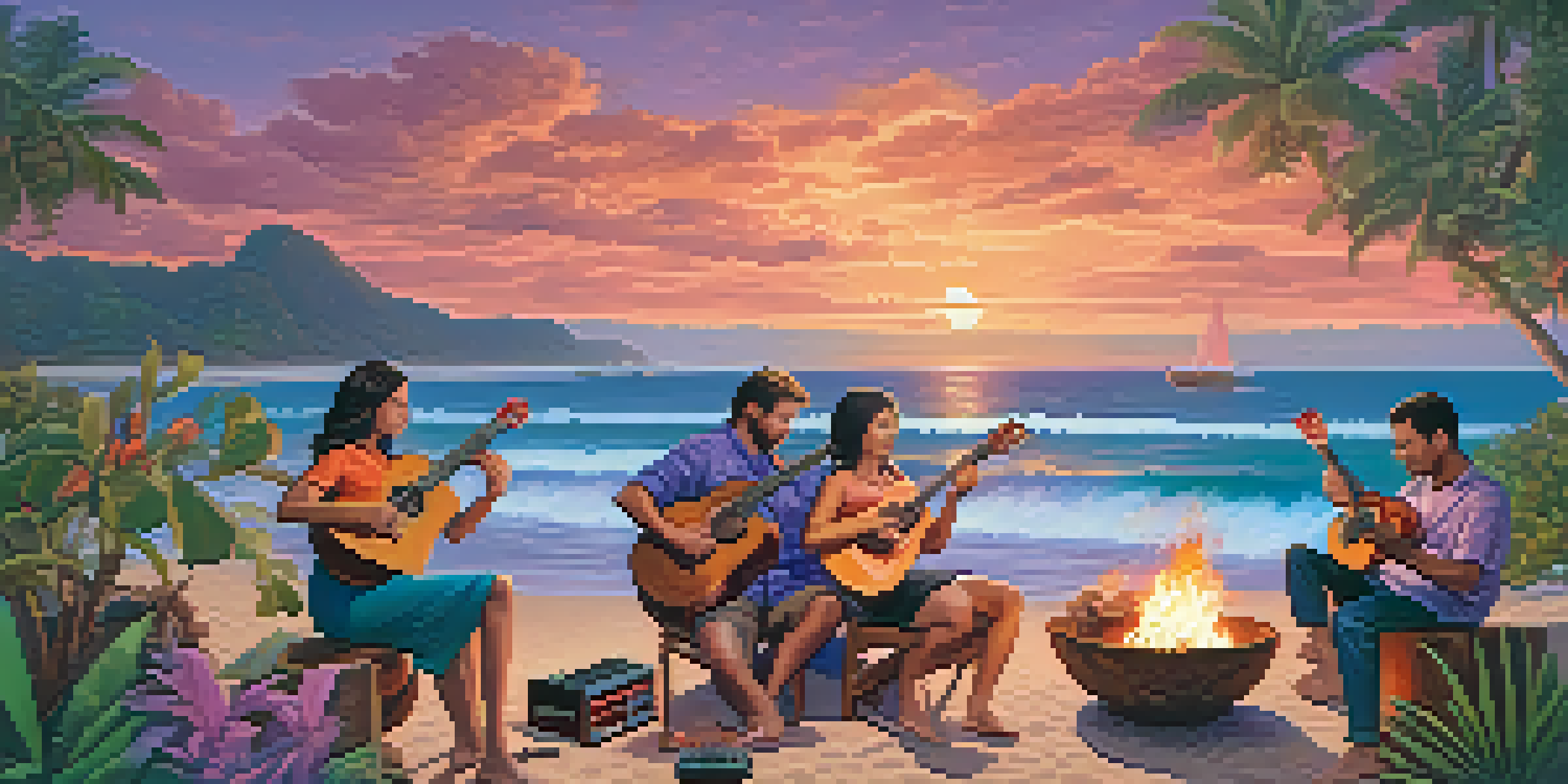 A lively beach gathering with musicians playing ukuleles around a bonfire at sunset, with colorful skies and tropical plants.