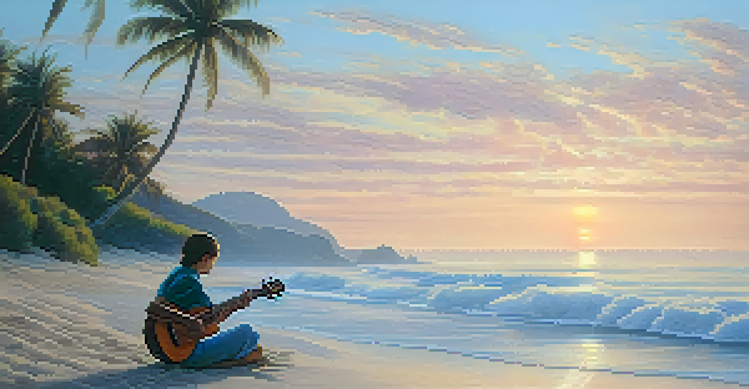 A person playing a ukulele on the beach at dawn, with a colorful sky and ocean waves in the background.
