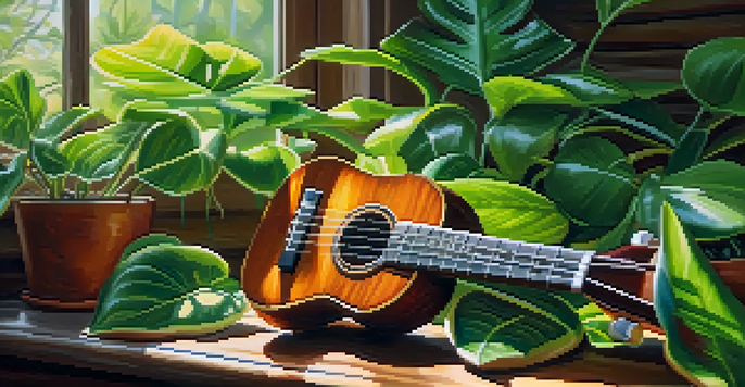 A bright ukulele on a wooden table surrounded by green plants, with sunlight filtering through leaves.