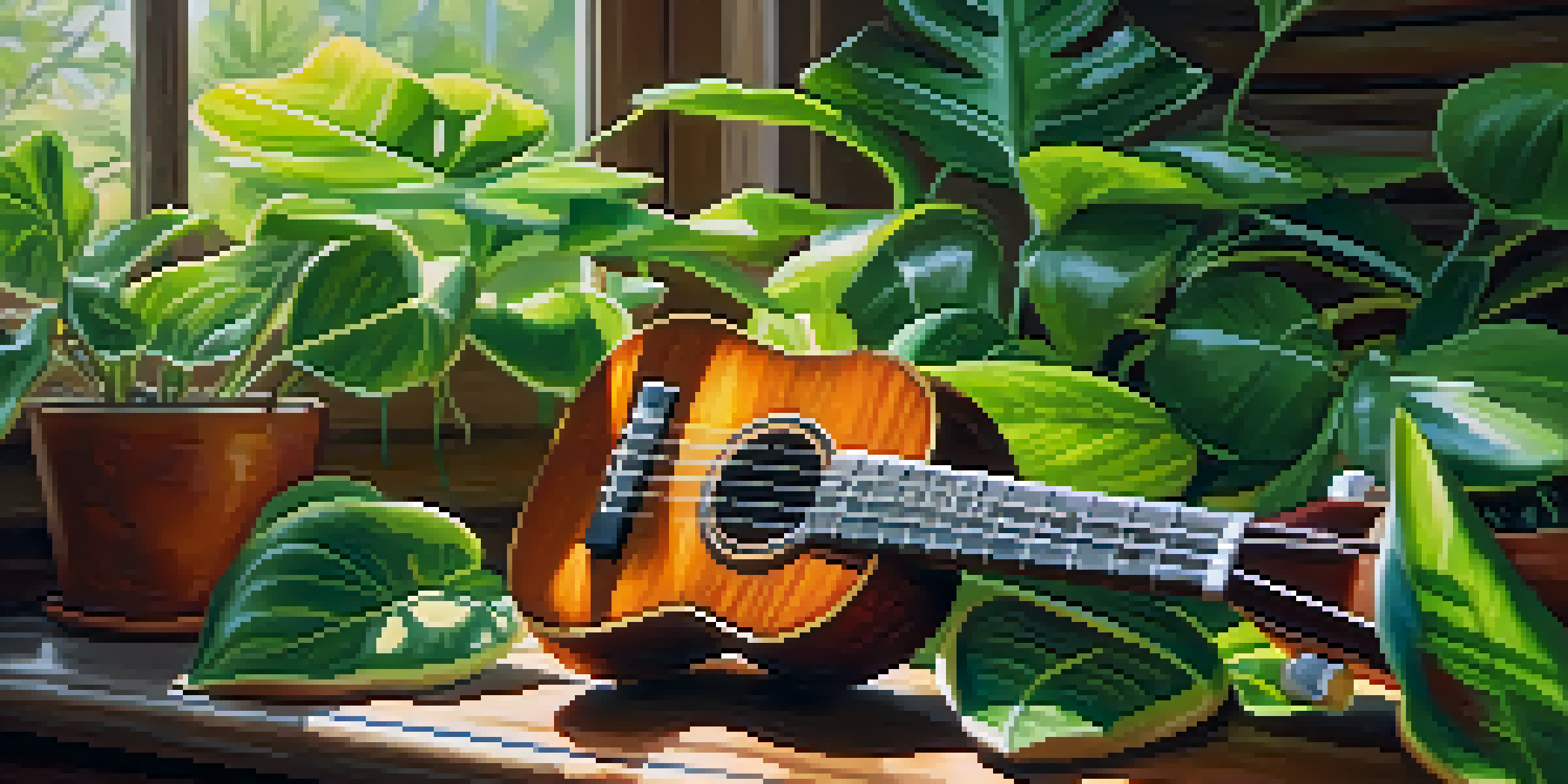 A bright ukulele on a wooden table surrounded by green plants, with sunlight filtering through leaves.