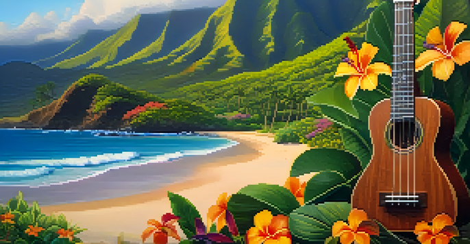 A scenic view of Hawaiian mountains and beach at sunset with a koa wood ukulele in the foreground surrounded by tropical flowers.