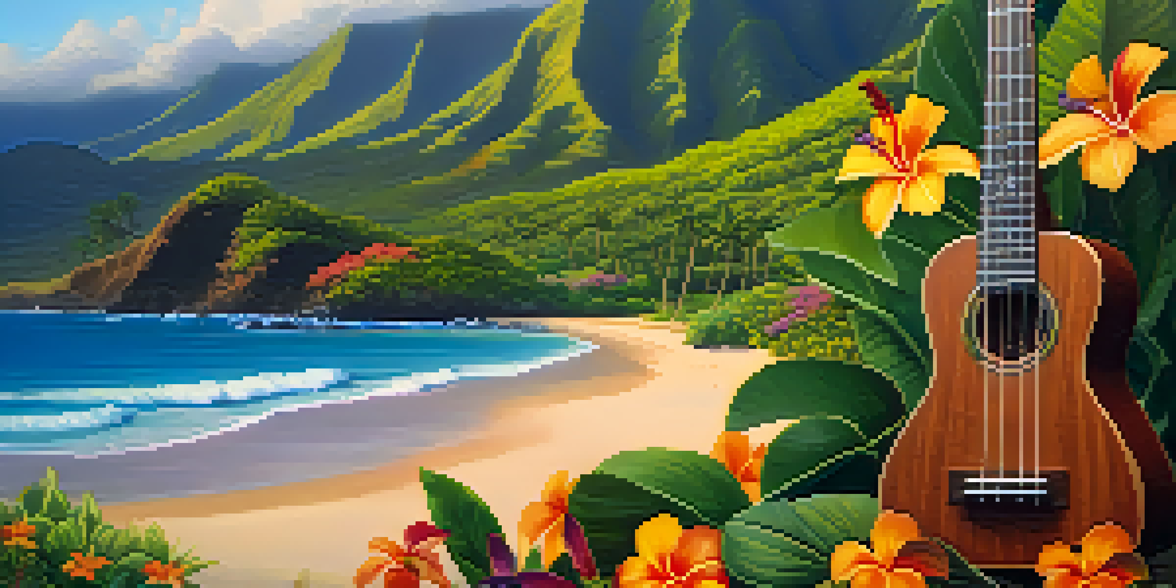 A scenic view of Hawaiian mountains and beach at sunset with a koa wood ukulele in the foreground surrounded by tropical flowers.