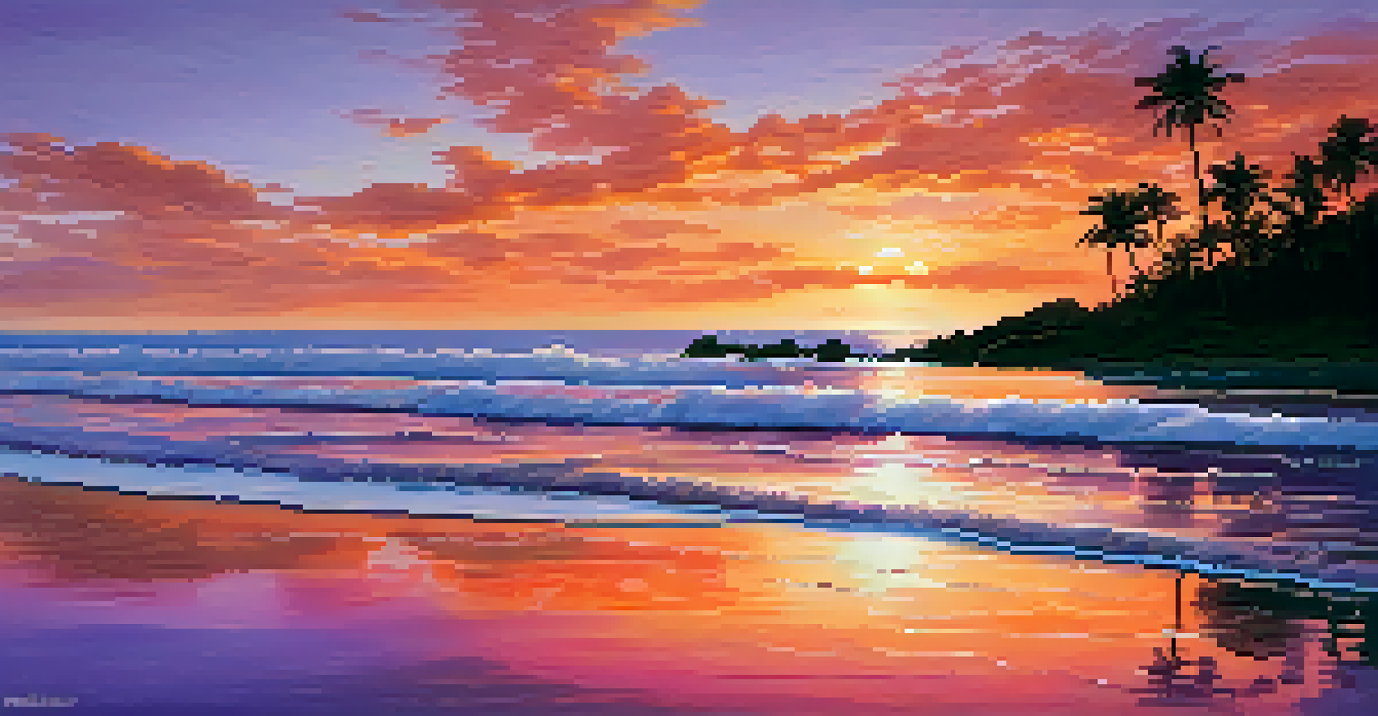 A colorful sunset over a beach with waves and palm tree silhouettes, creating a relaxing atmosphere.