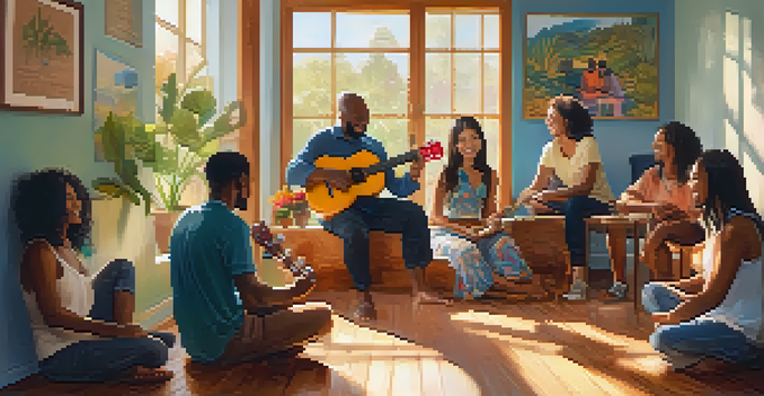 A group therapy session in a bright room with people holding ukuleles, smiling and connecting with each other.