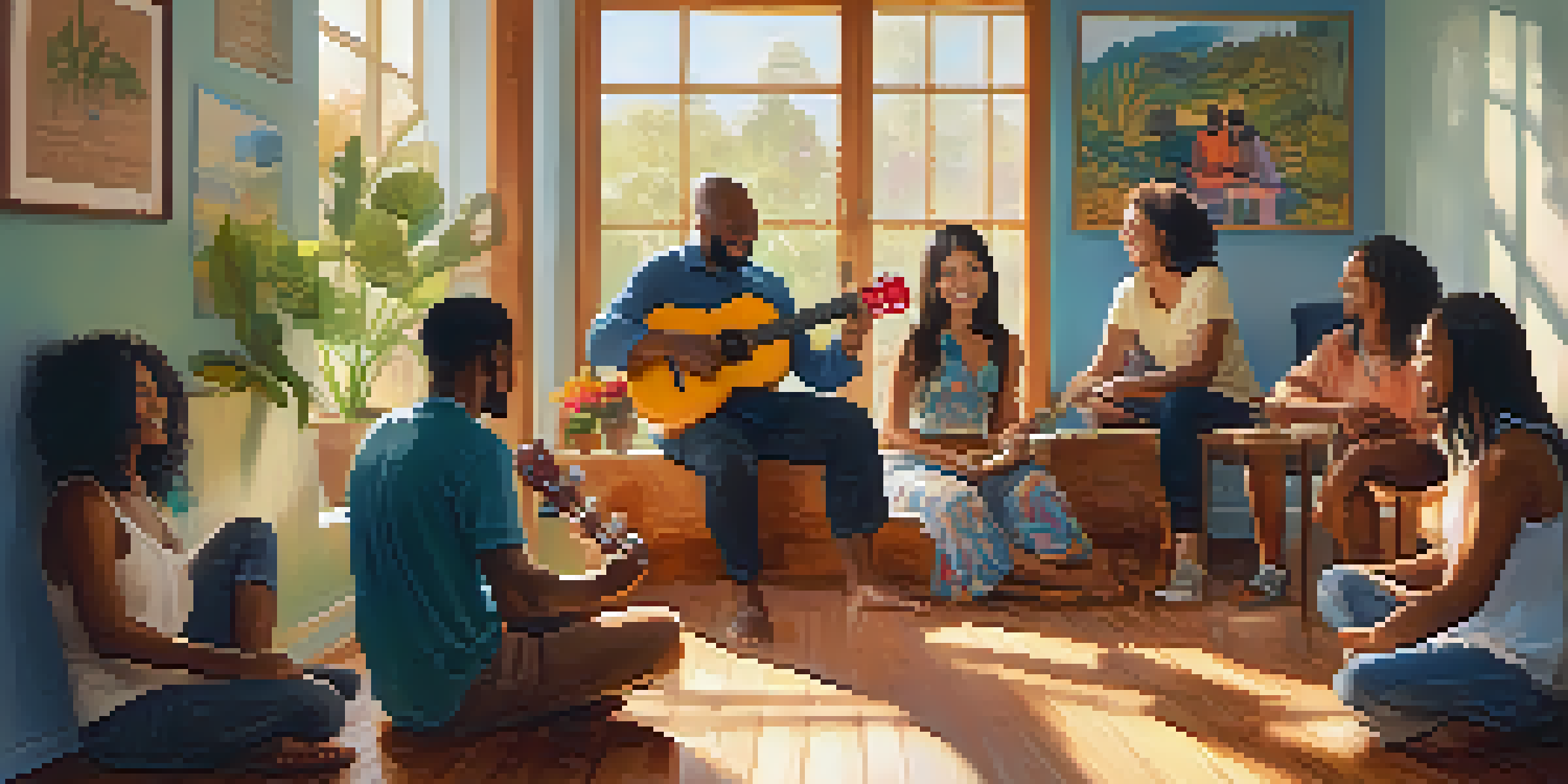 A group therapy session in a bright room with people holding ukuleles, smiling and connecting with each other.
