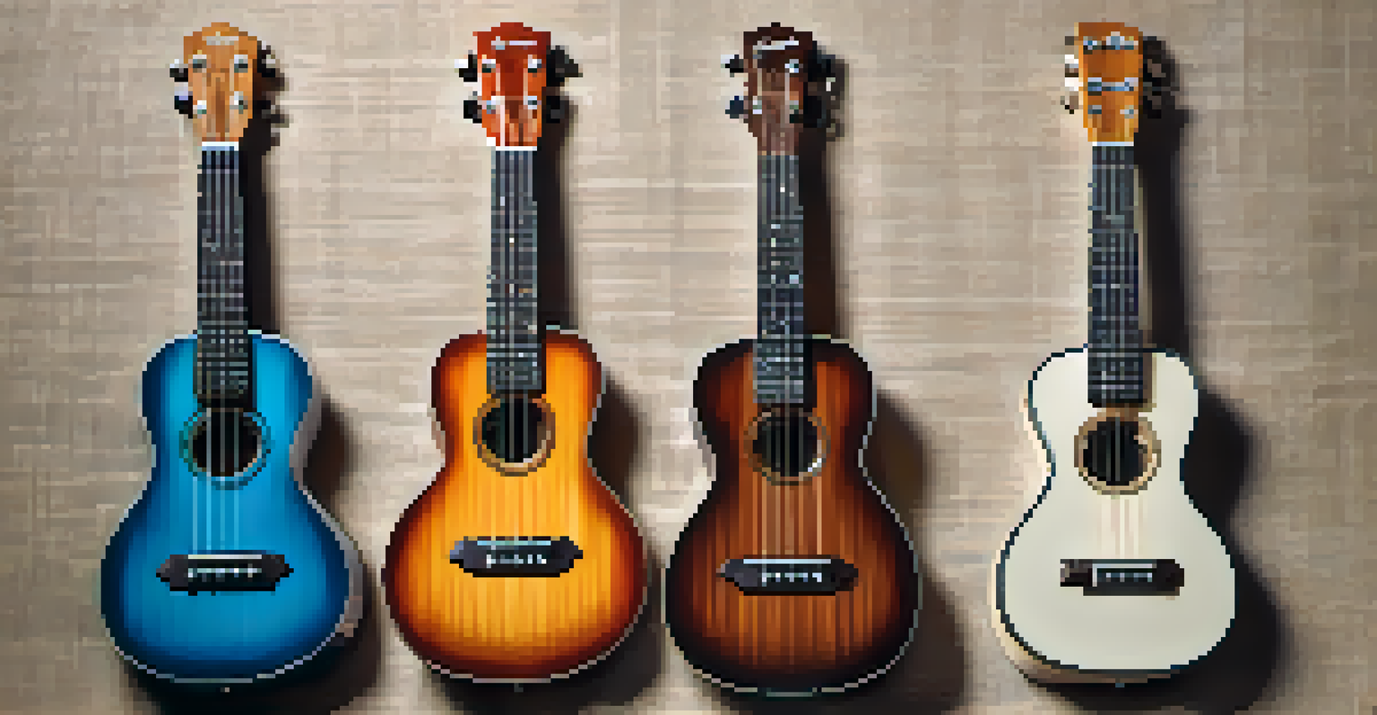 A flat lay of various electric ukuleles with accessories on a textured fabric background.
