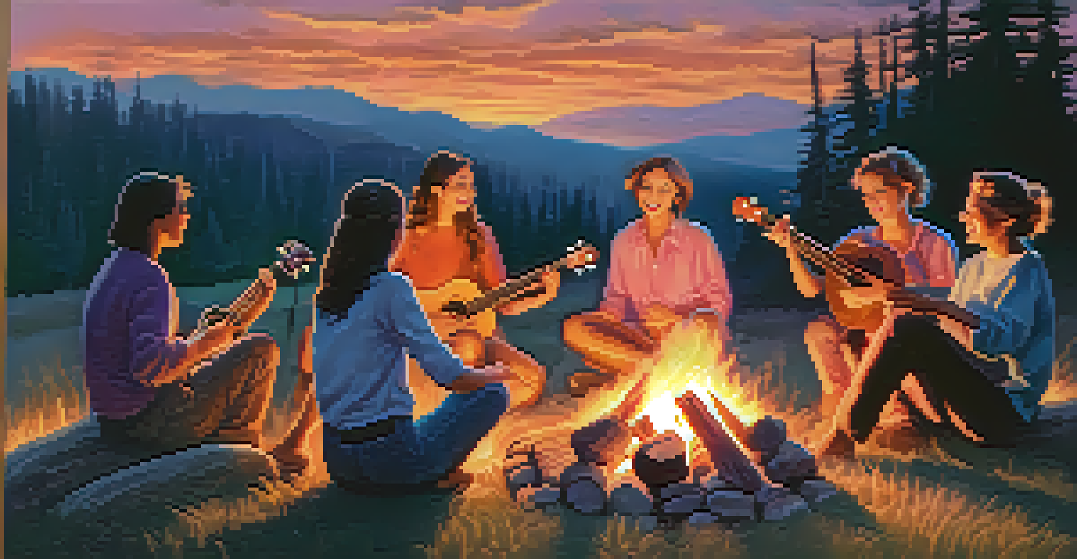 Friends around a campfire at sunset, one playing a ukulele, with a colorful sky and warm flames.